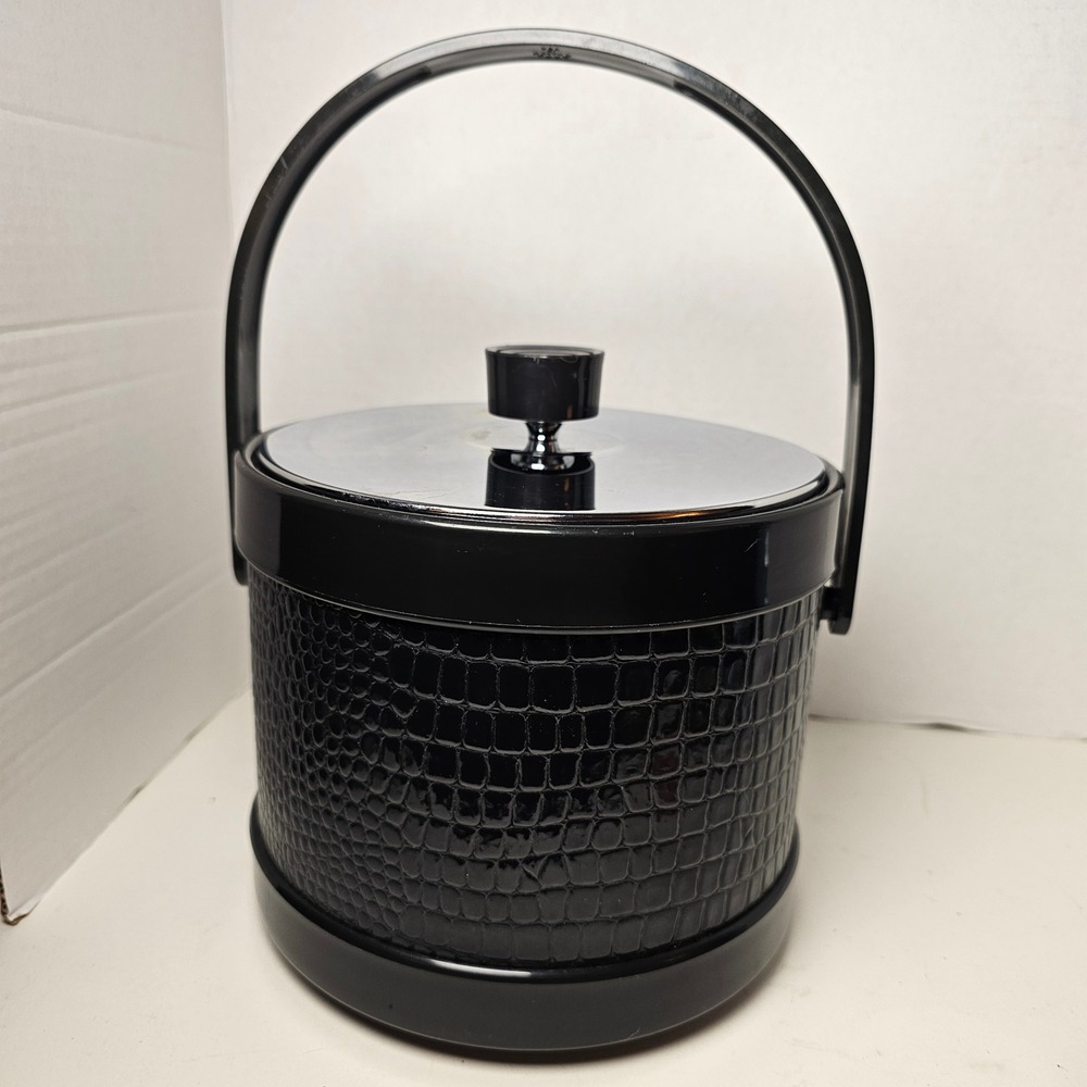 MCM Ice Bucket Black Faux‎ Crocodile Chrome Lid Mid Century Modern Barware Japan